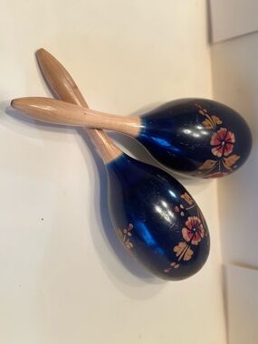 Mexican Hand-Painted Blue Floral Maracas - Pair